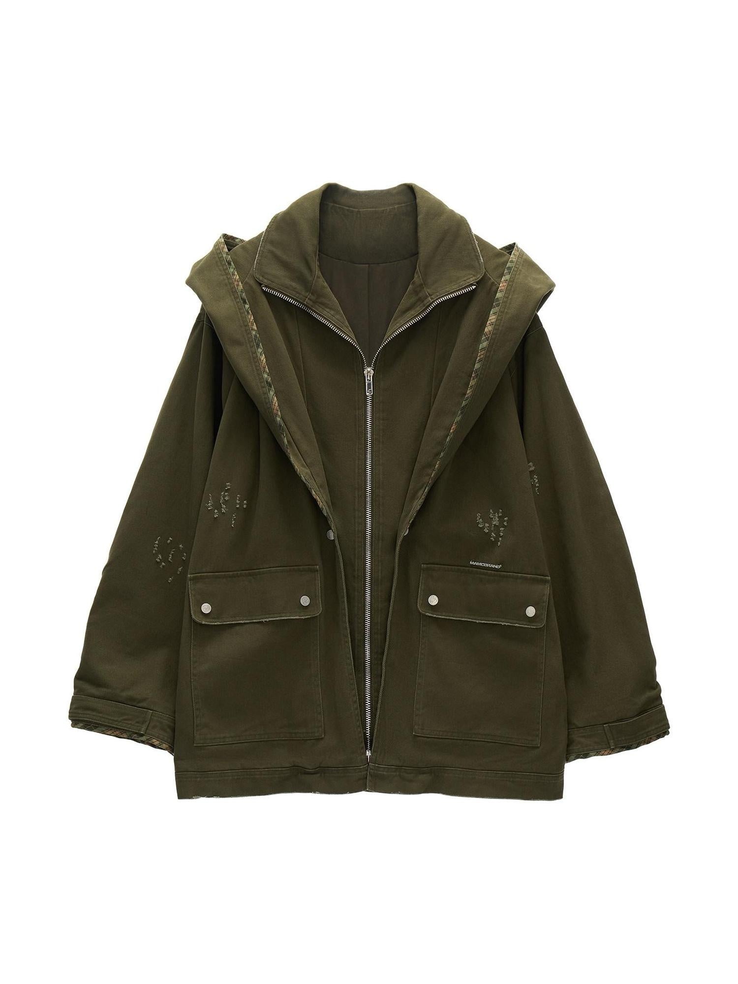 MAMC 100 Percent Cotton Relaxed Oversized Distressed Women Army Green Zipper Jackets