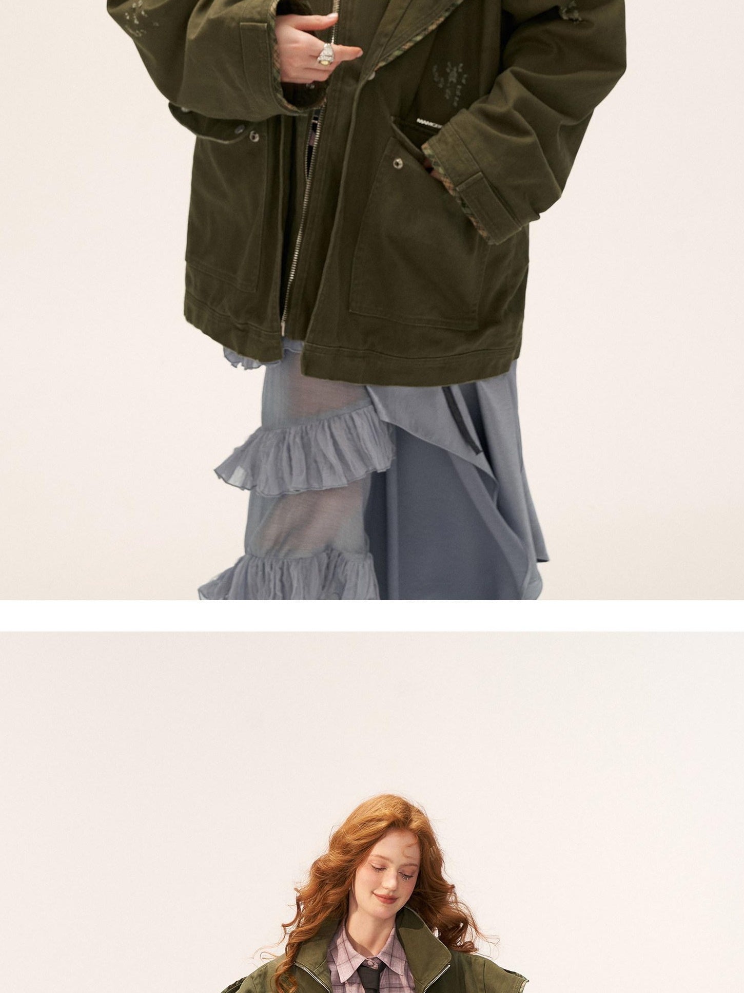 MAMC 100 Percent Cotton Relaxed Oversized Distressed Women Army Green Zipper Jackets