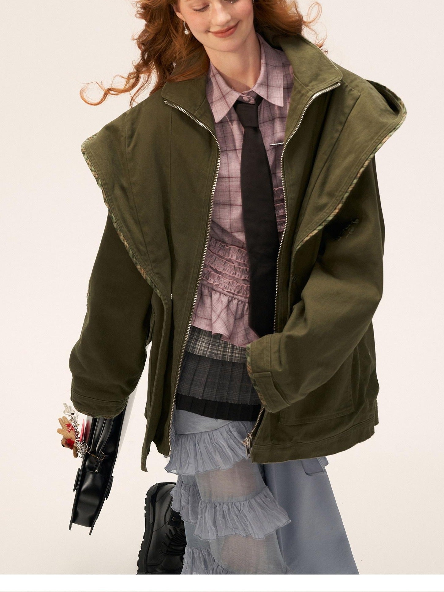 MAMC 100 Percent Cotton Relaxed Oversized Distressed Women Army Green Zipper Jackets