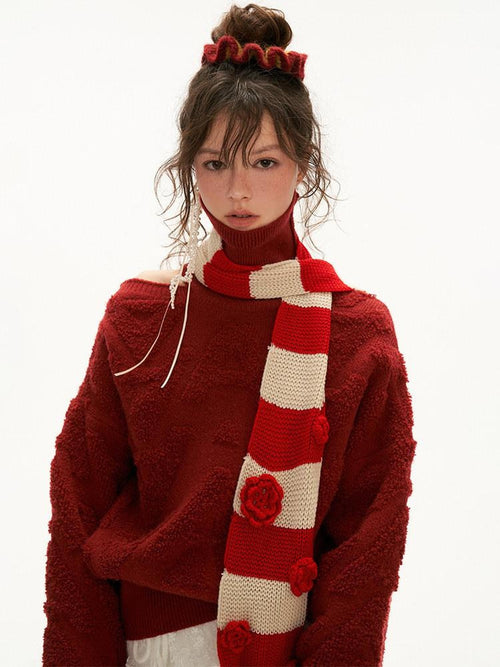 MAMC Acrylic Blend Off Shoulder Sweet Loose Fit Long Sleeve Red Women Knit Sweaters