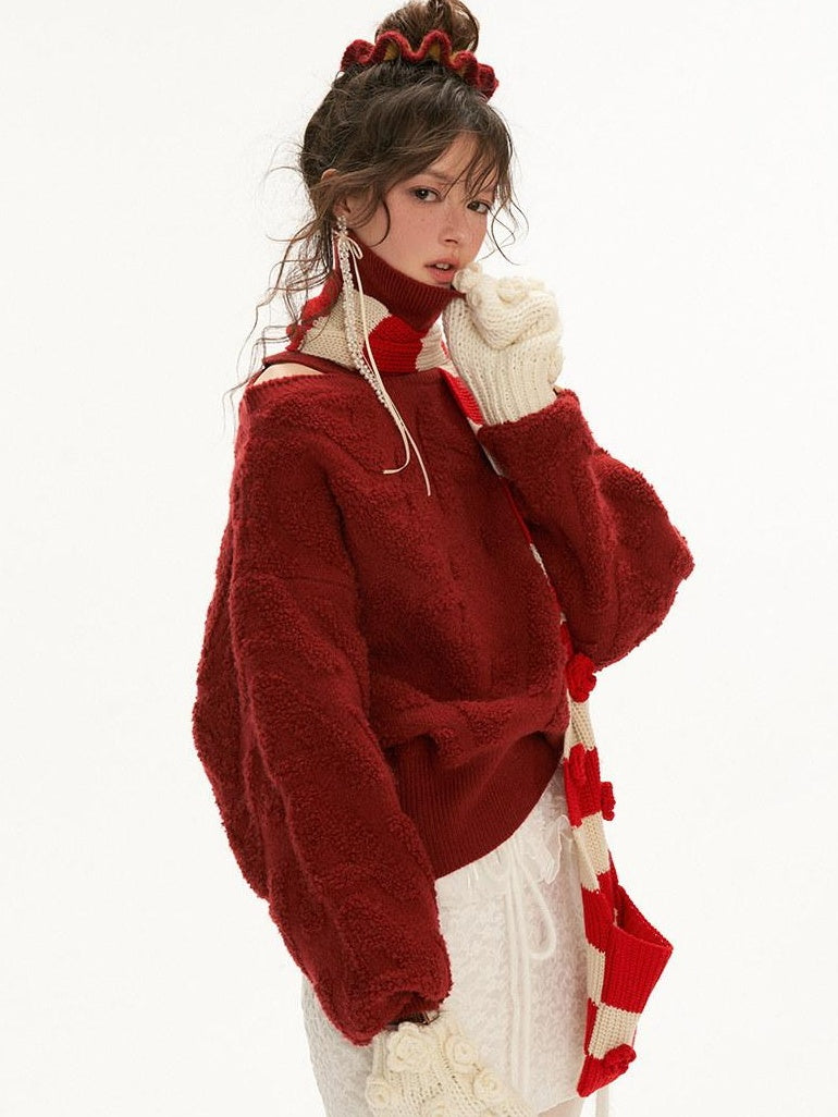 MAMC Acrylic Blend Off Shoulder Sweet Loose Fit Long Sleeve Red Women Knit Sweaters