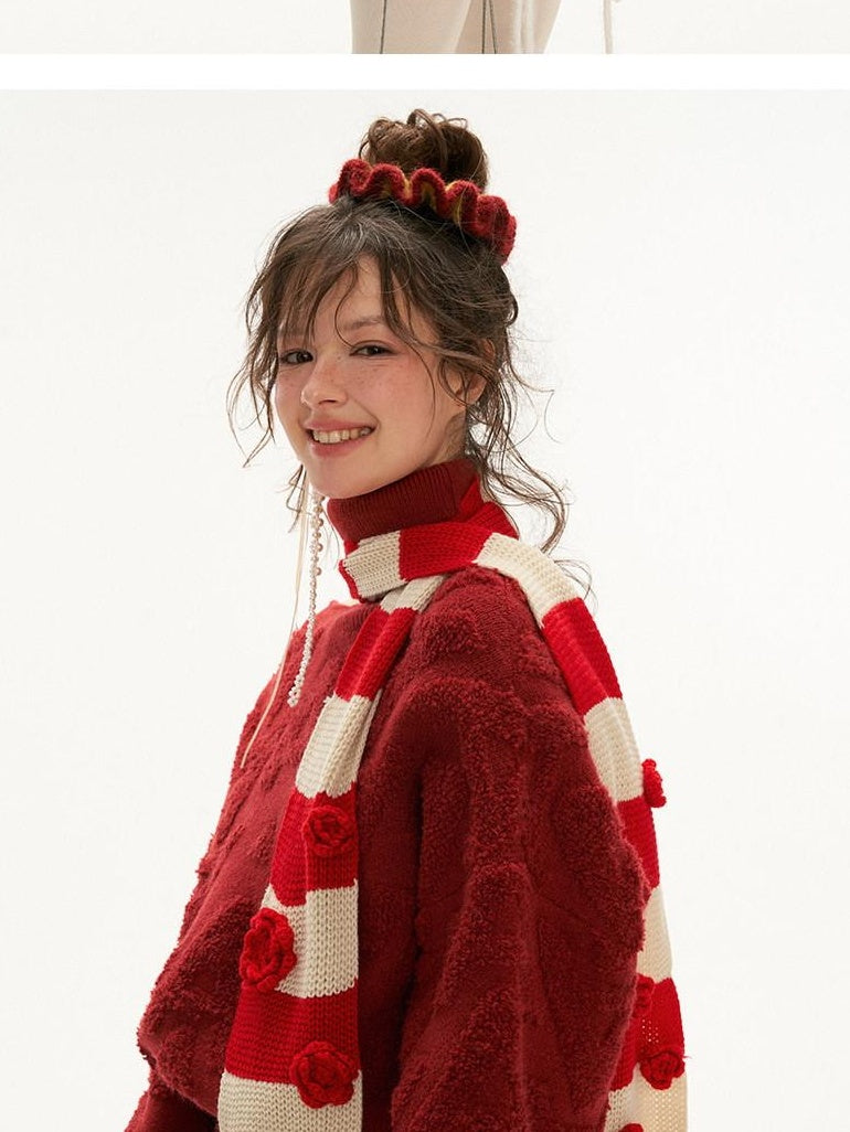 MAMC Acrylic Blend Off Shoulder Sweet Loose Fit Long Sleeve Red Women Knit Sweaters