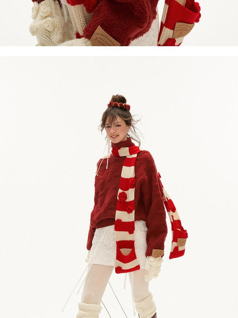 MAMC Acrylic Blend Off Shoulder Sweet Loose Fit Long Sleeve Red Women Knit Sweaters