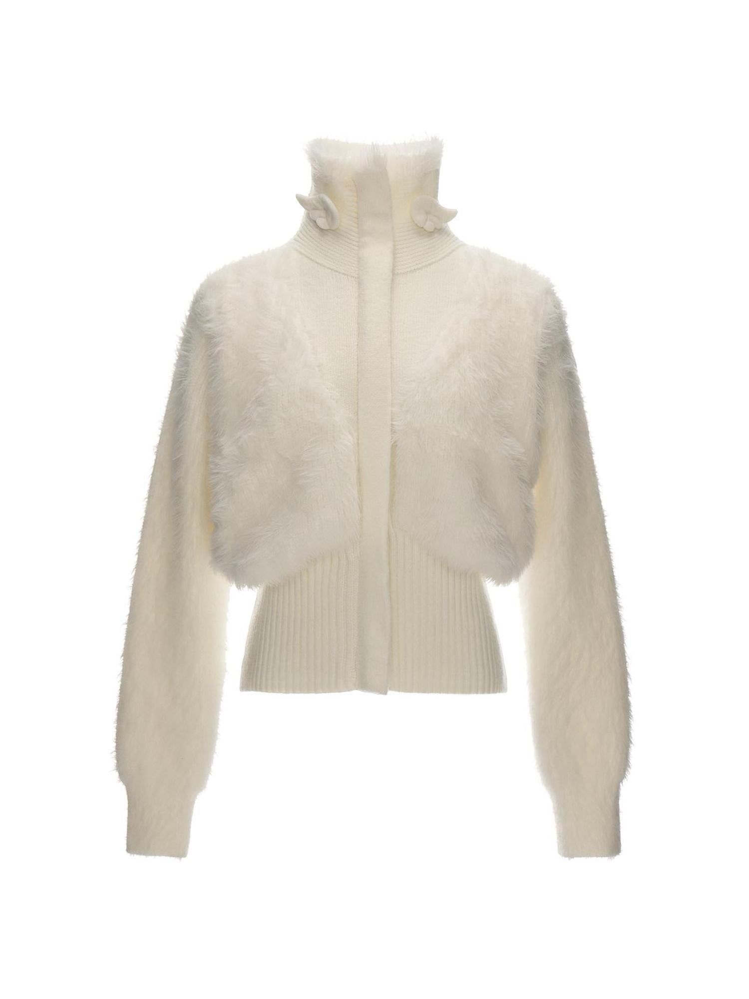 MAMC Acrylic Girly Fitted Waist Faux Layered High Neck White Jackets
