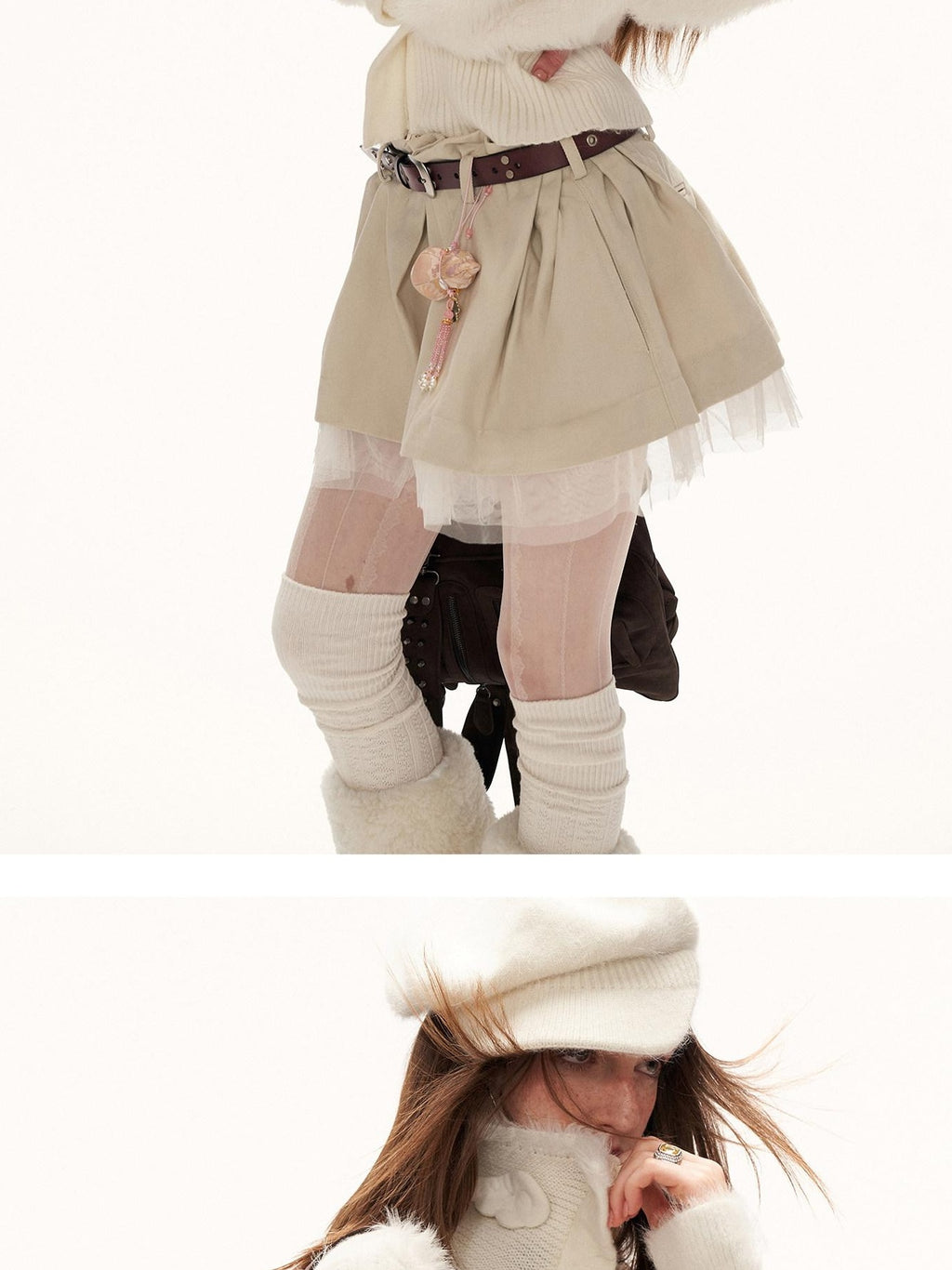 MAMC Acrylic Girly Fitted Waist Faux Layered High Neck White Jackets