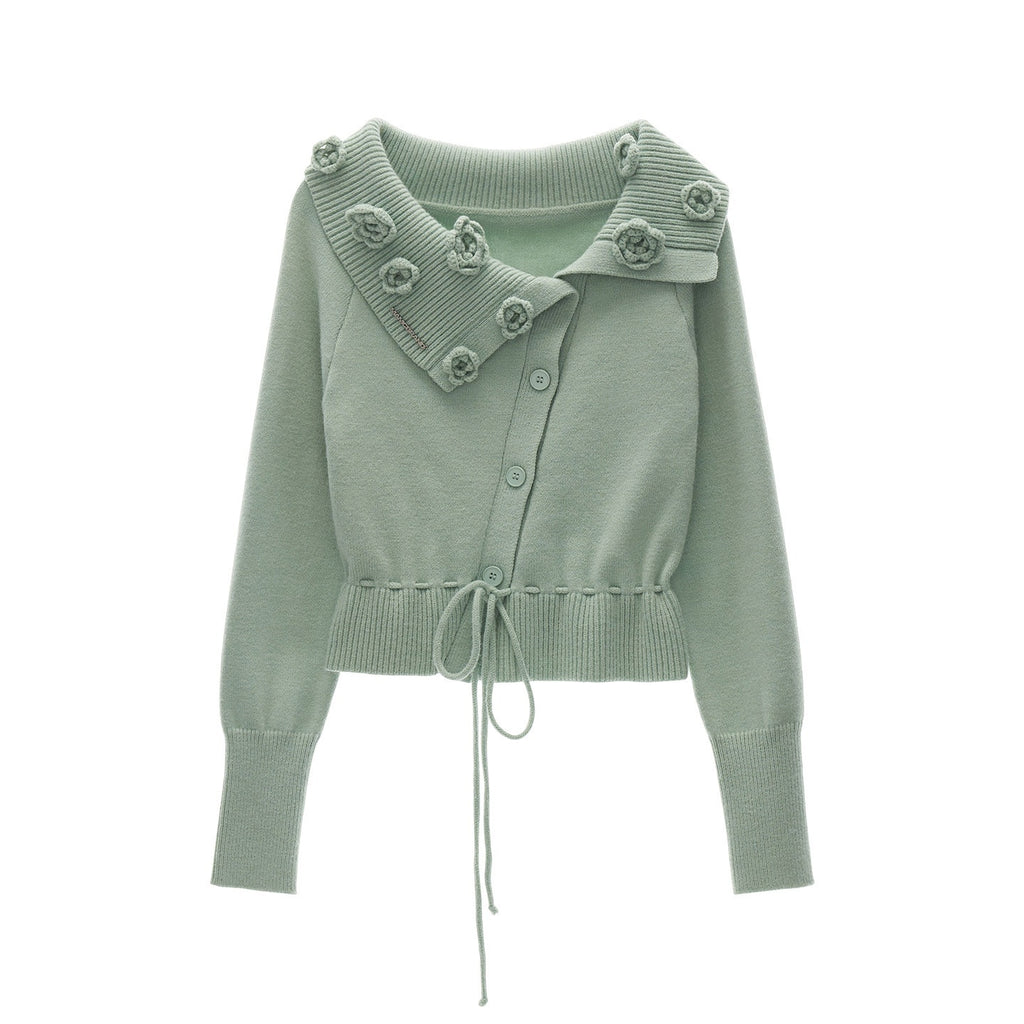 MAMC_Acrylic_Rose_Asymmetrical_One_Shoulder_Casual_Womens_Button_Knit_Short_Cardigans_MISSTT