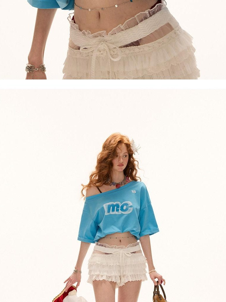 MAMC Asymmetric Neckline Text Print Loose Cotton Women Off Shoulder Crop Tops
