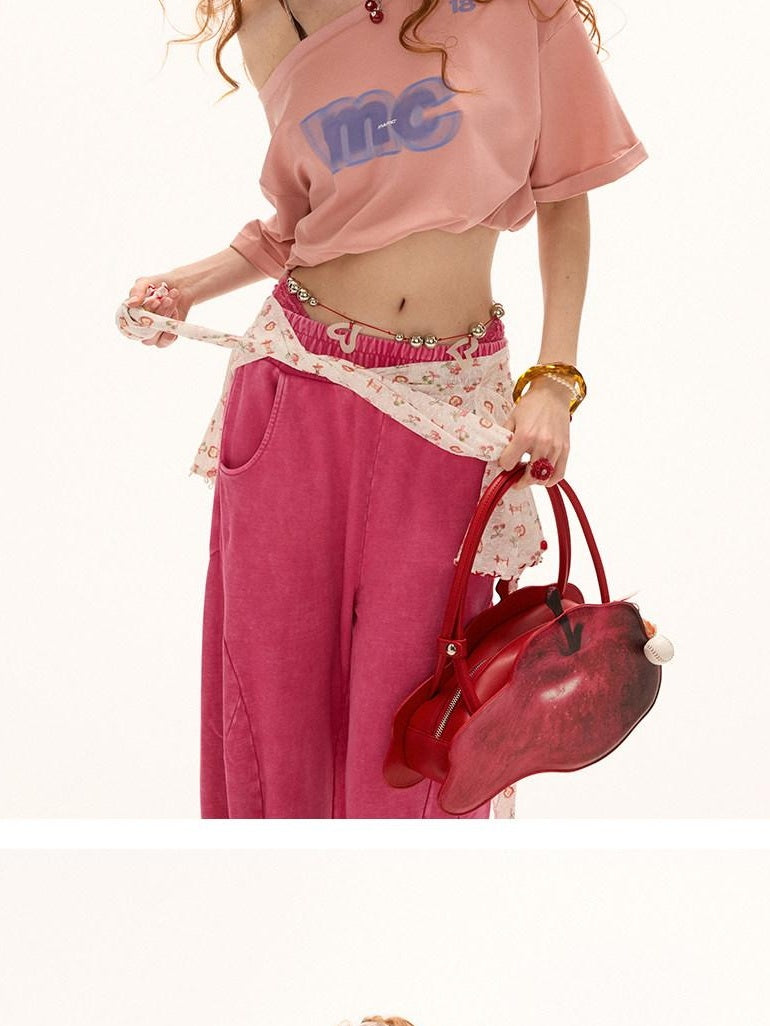 MAMC Asymmetric Neckline Text Print Loose Cotton Women Off Shoulder Crop Tops