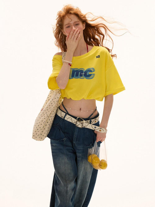 MAMC Asymmetric Neckline Text Print Loose Cotton Women Off Shoulder Crop Tops
