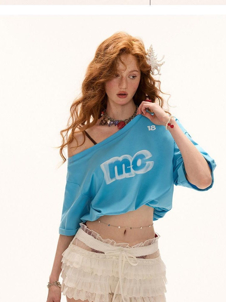 MAMC Asymmetric Neckline Text Print Loose Cotton Women Off Shoulder Crop Tops