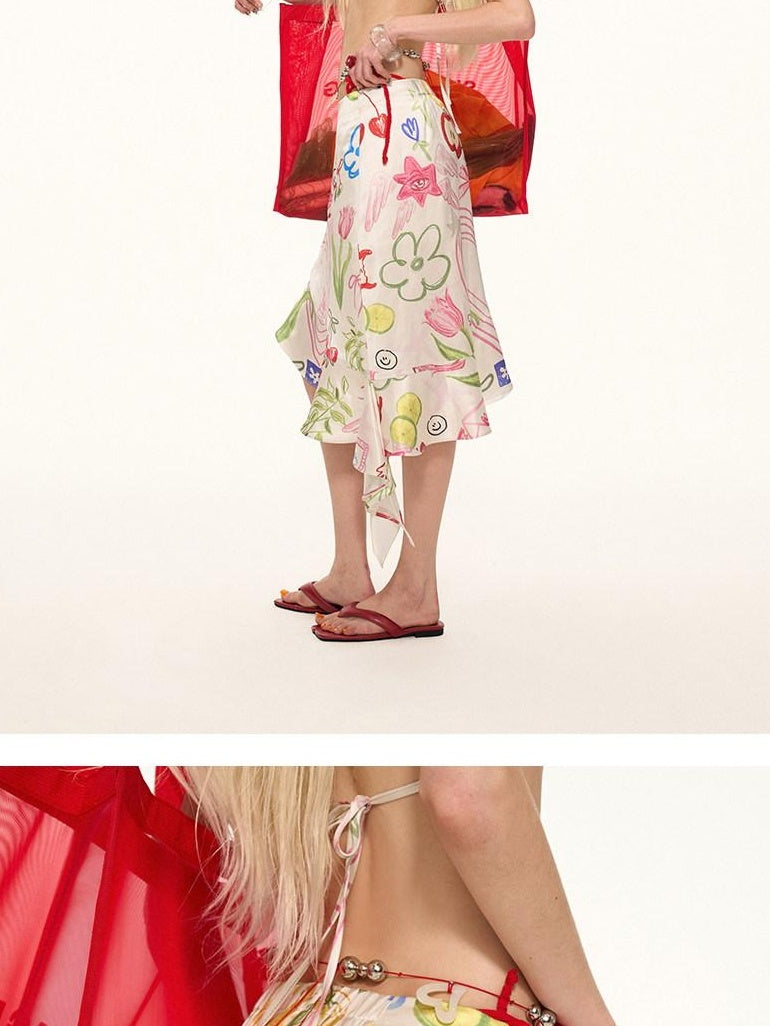 MAMC Asymmetrical Hand Painted Polyester Mid Waist Minimalist Office Midi Skirts