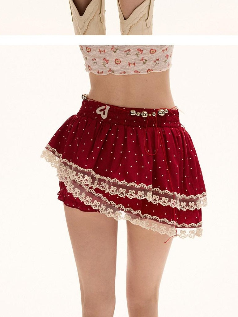 MAMC Asymmetrical Polka Dot Red Mid Waist Minimalist Commuter Polyester Mini Skirts