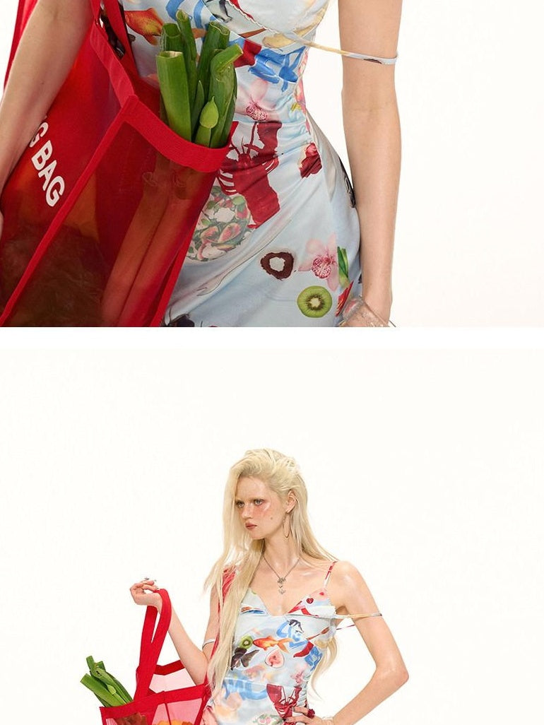 MAMC Blue Printed Spaghetti Strap Cinched Waist Casual For Young Women Mini Dresses