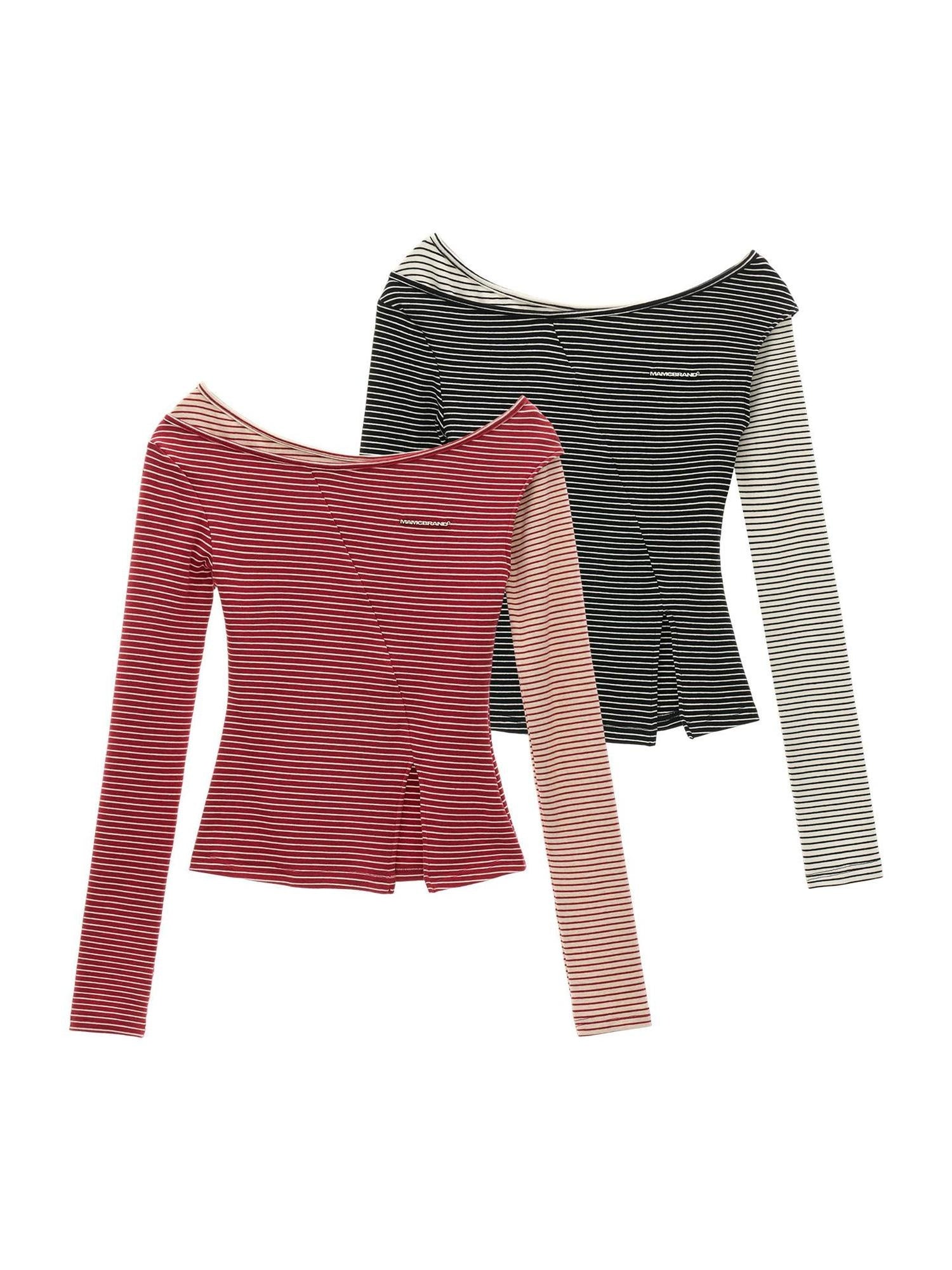 MAMC Breathable Slim Striped Pullover Womens Casual Red Black Long Sleeve T-Shirts
