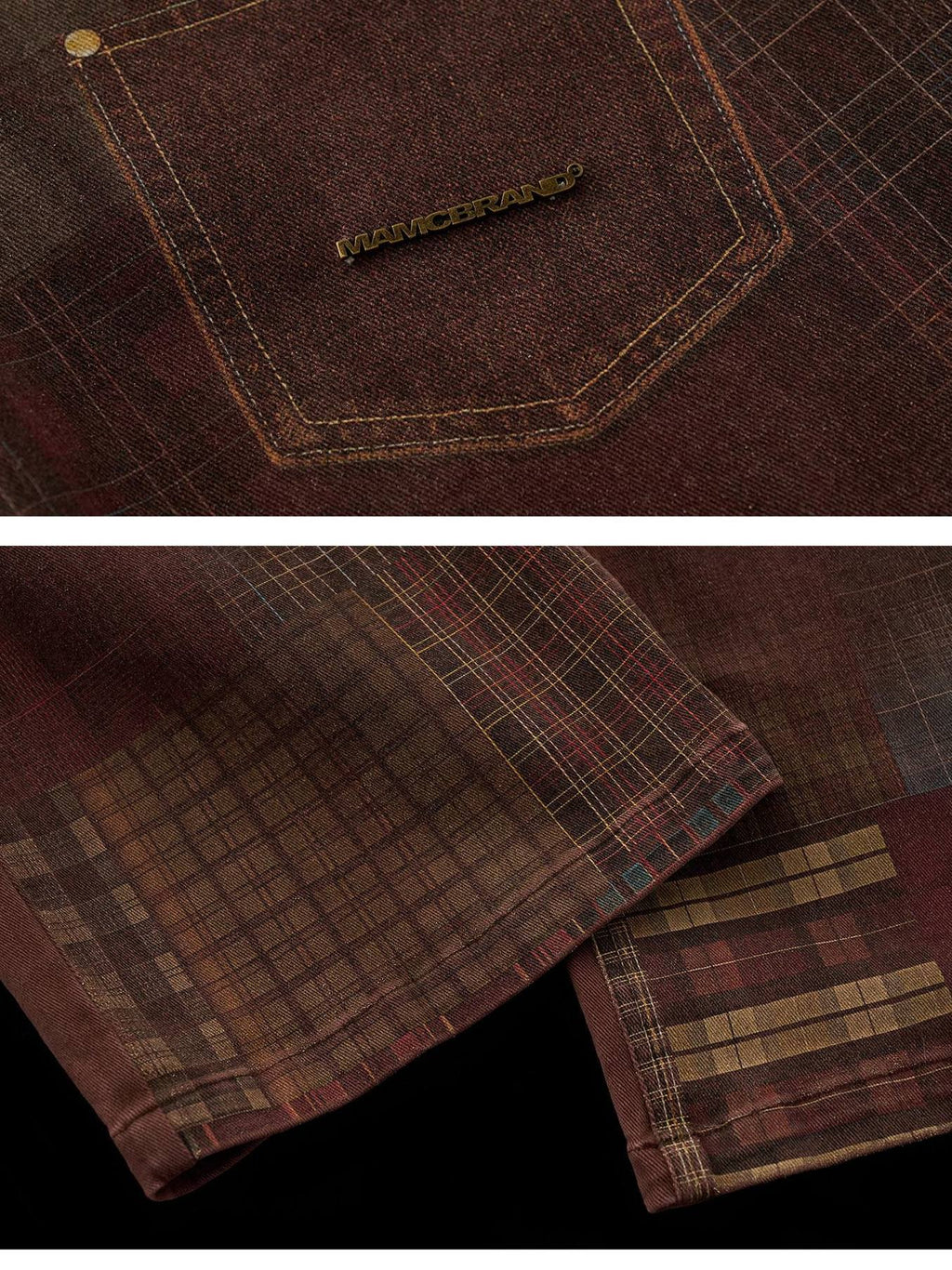 MAMC Brown Plaid Cotton Stretch Vintage Relaxed Natural Waist Button Fly Jeans