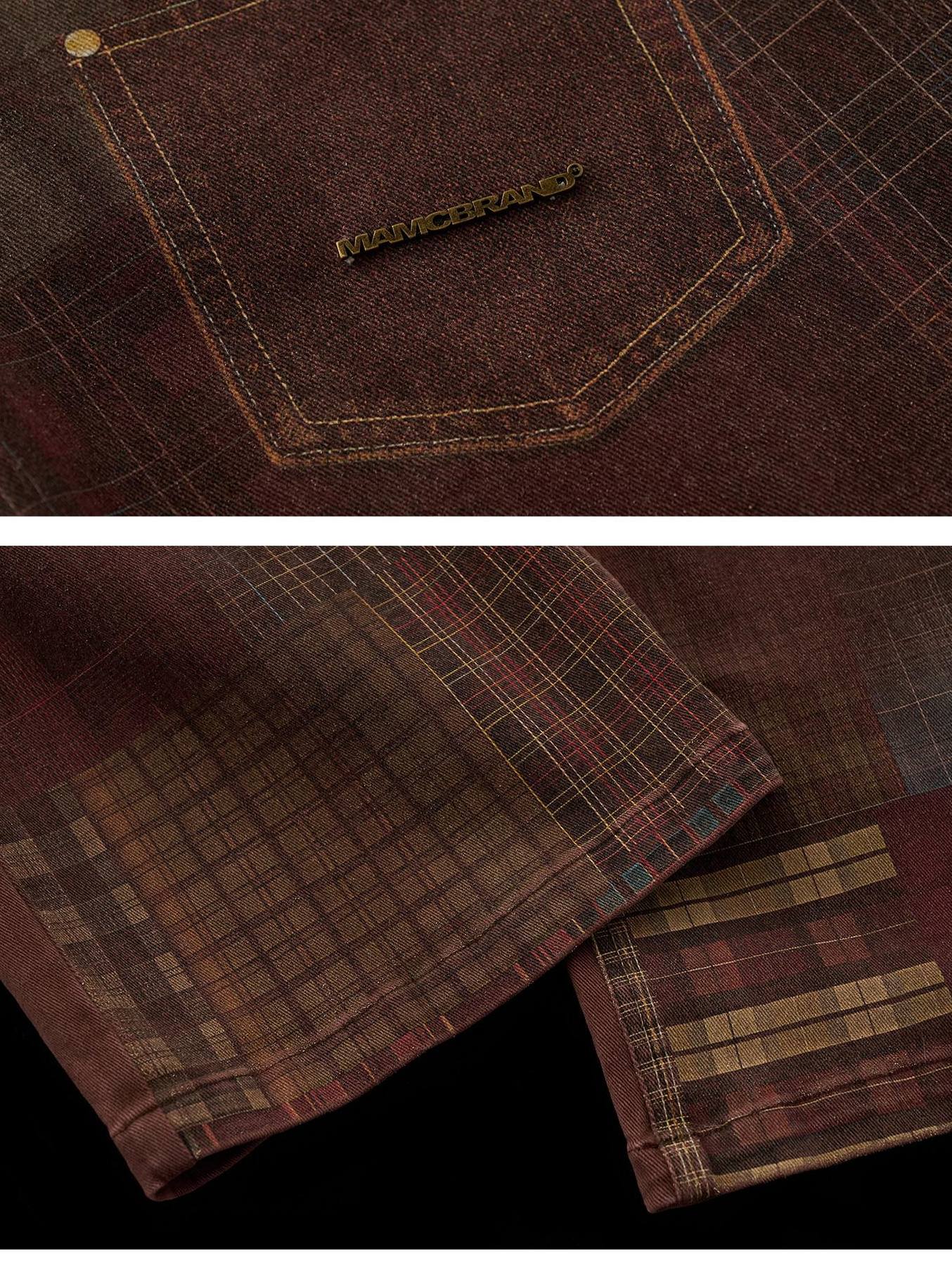 MAMC Brown Plaid Cotton Stretch Vintage Relaxed Natural Waist Button Fly Jeans