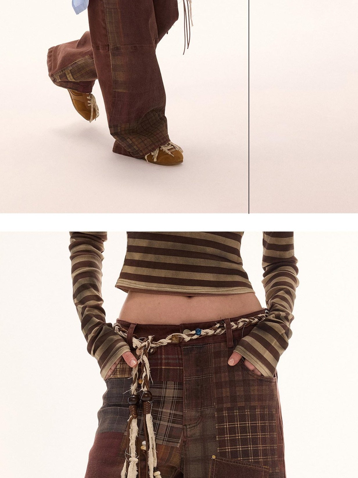 MAMC Brown Plaid Cotton Stretch Vintage Relaxed Natural Waist Button Fly Jeans