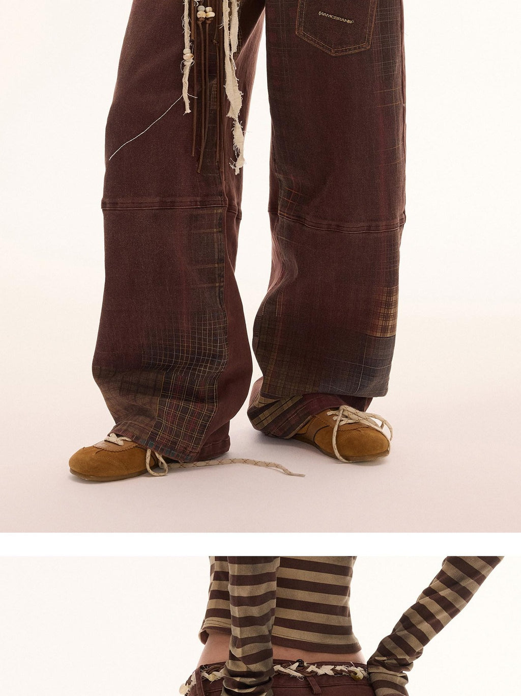 MAMC Brown Plaid Cotton Stretch Vintage Relaxed Natural Waist Button Fly Jeans