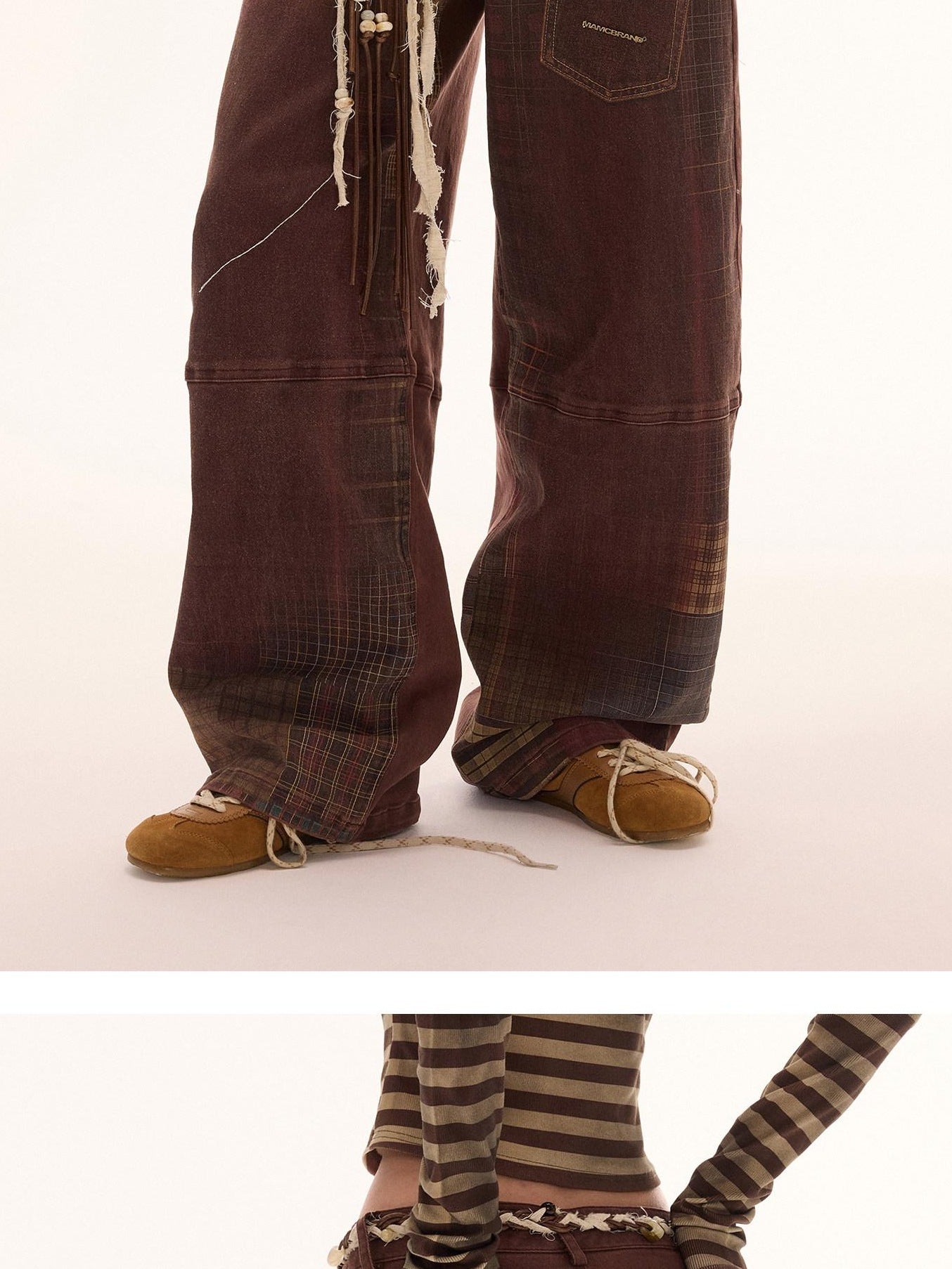 MAMC Brown Plaid Cotton Stretch Vintage Relaxed Natural Waist Button Fly Jeans