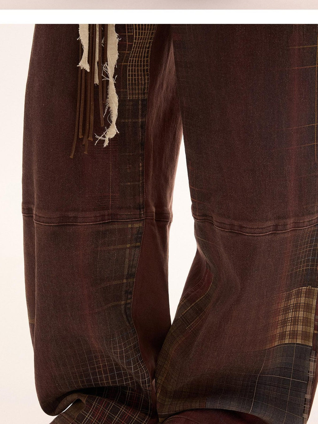 MAMC Brown Plaid Cotton Stretch Vintage Relaxed Natural Waist Button Fly Jeans