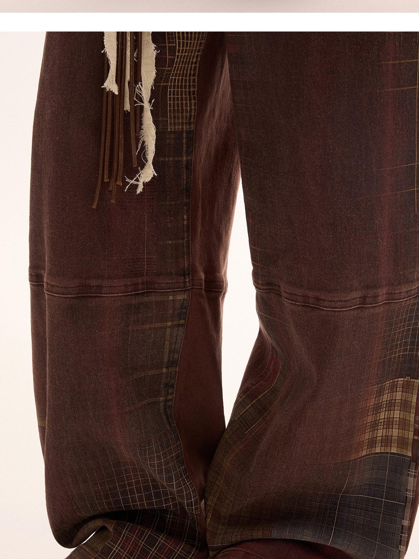 MAMC Brown Plaid Cotton Stretch Vintage Relaxed Natural Waist Button Fly Jeans