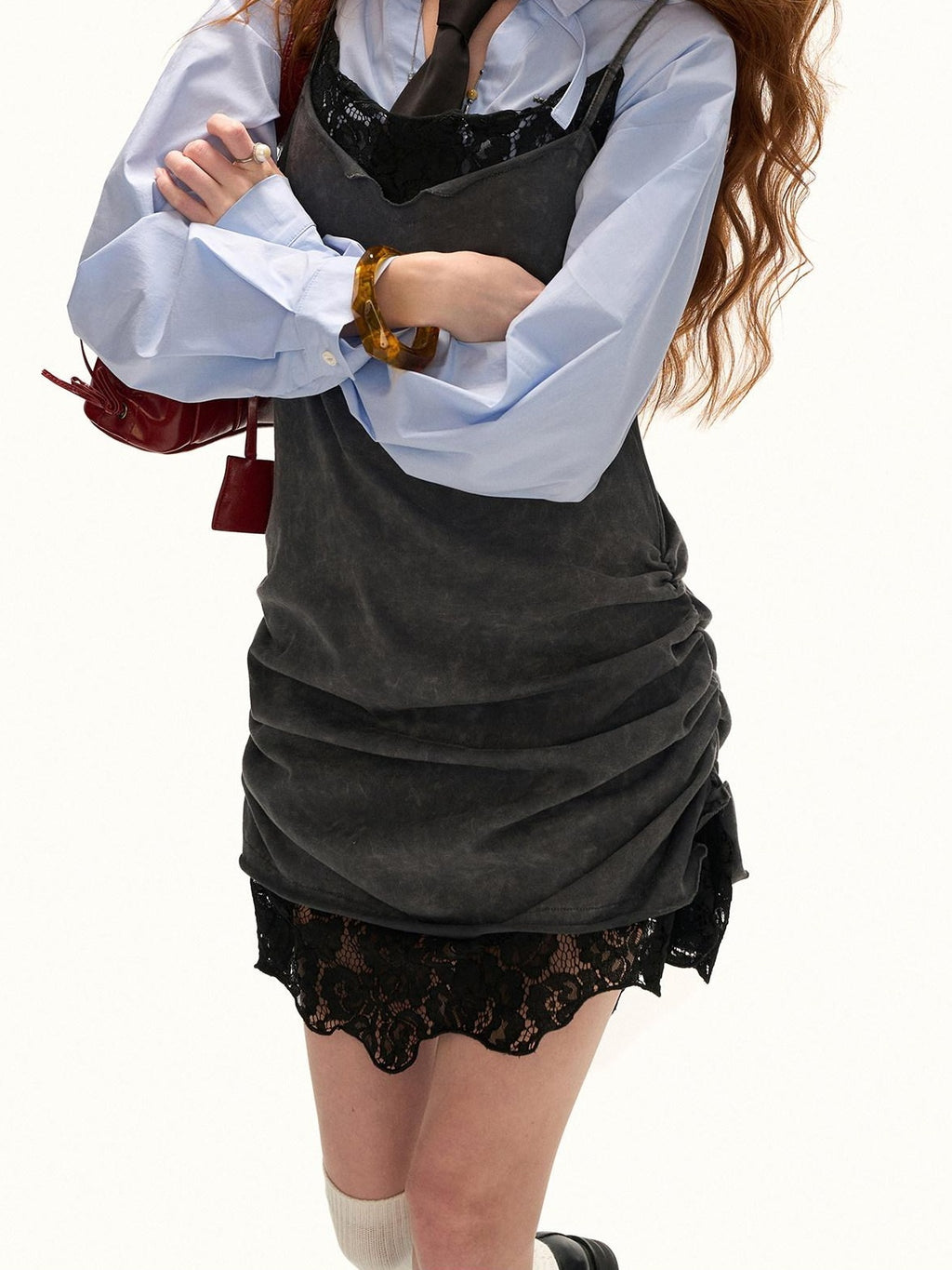 MAMC Cinched Waist Casual Loose Fit Pleated Longsleeve Button Front Women Blue Shirts