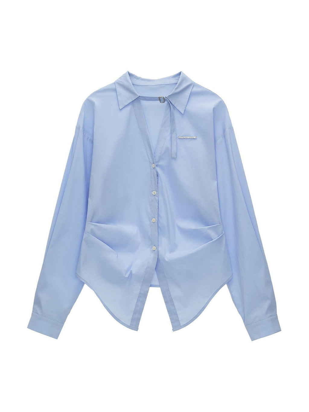 MAMC Cinched Waist Casual Loose Fit Pleated Longsleeve Button Front Women Blue Shirts