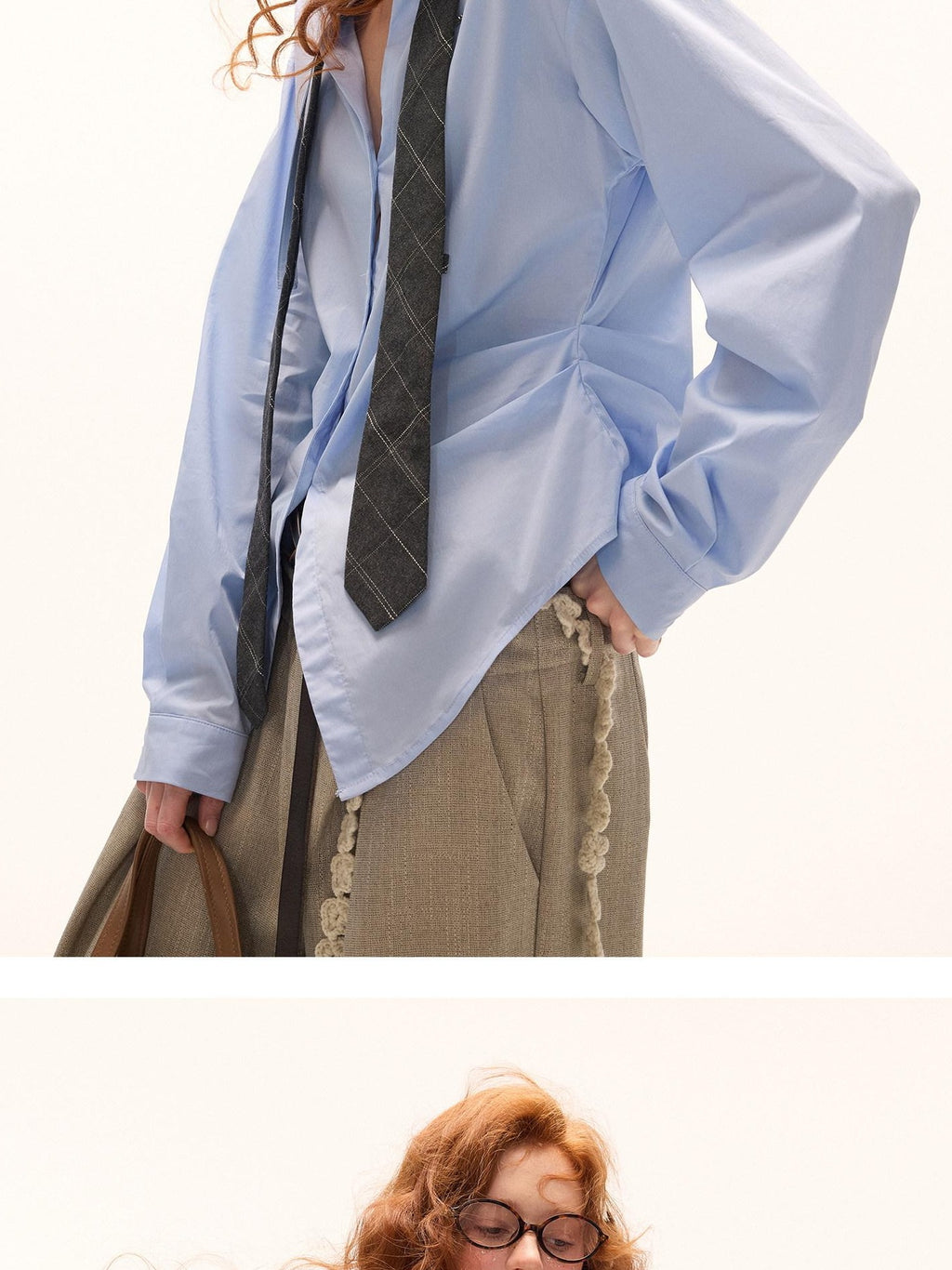 MAMC Cinched Waist Casual Loose Fit Pleated Longsleeve Button Front Women Blue Shirts