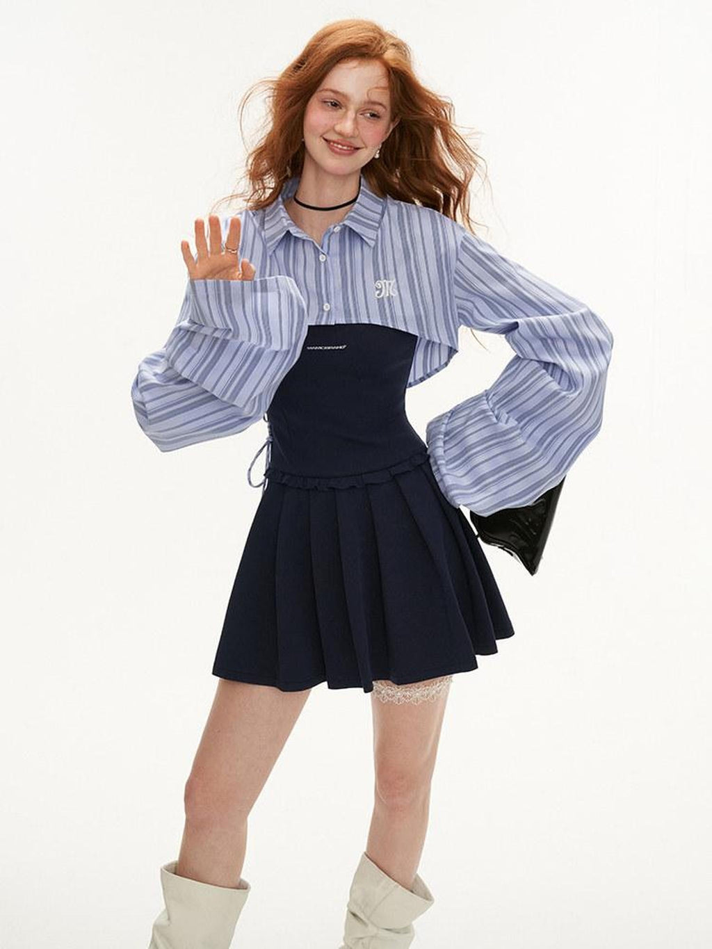 MAMC Cinched Waist Princess Two Piece Shirt Collar Mini Tulle Skirt Top & Skirt Sets