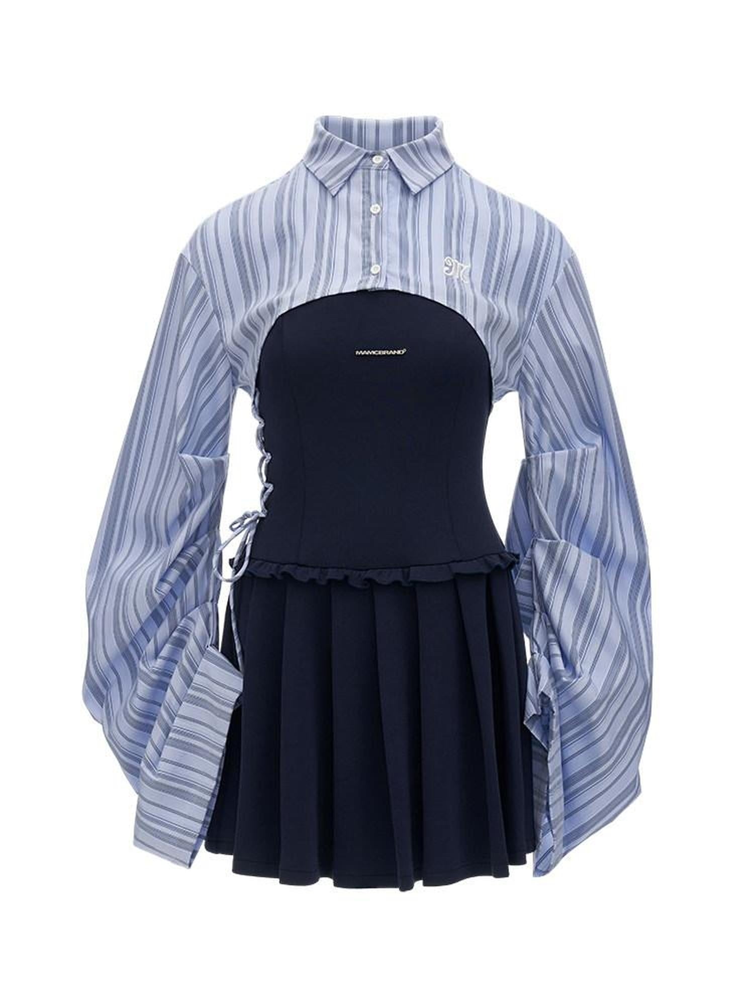 MAMC Cinched Waist Princess Two Piece Shirt Collar Mini Tulle Skirt Top & Skirt Sets