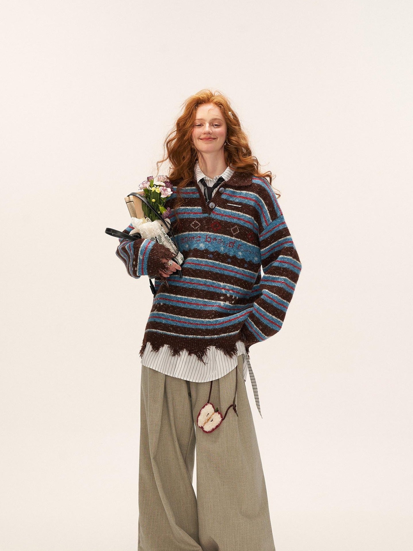 MAMC Cotton Blend Loose Striped Bow Collared Long Sleeve Button Daily Women Shirts