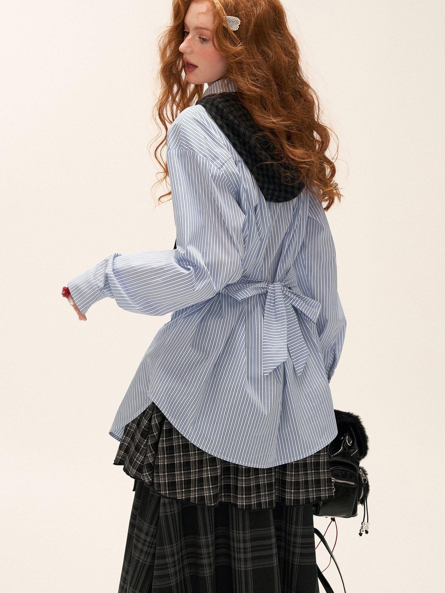 MAMC Cotton Blend Loose Striped Bow Collared Long Sleeve Button Daily Women Shirts
