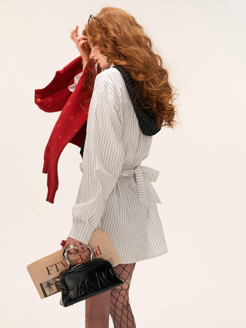 MAMC Cotton Blend Loose Striped Bow Collared Long Sleeve Button Daily Women Shirts