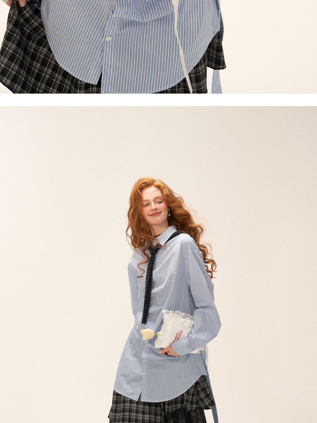 MAMC Cotton Blend Loose Striped Bow Collared Long Sleeve Button Daily Women Shirts