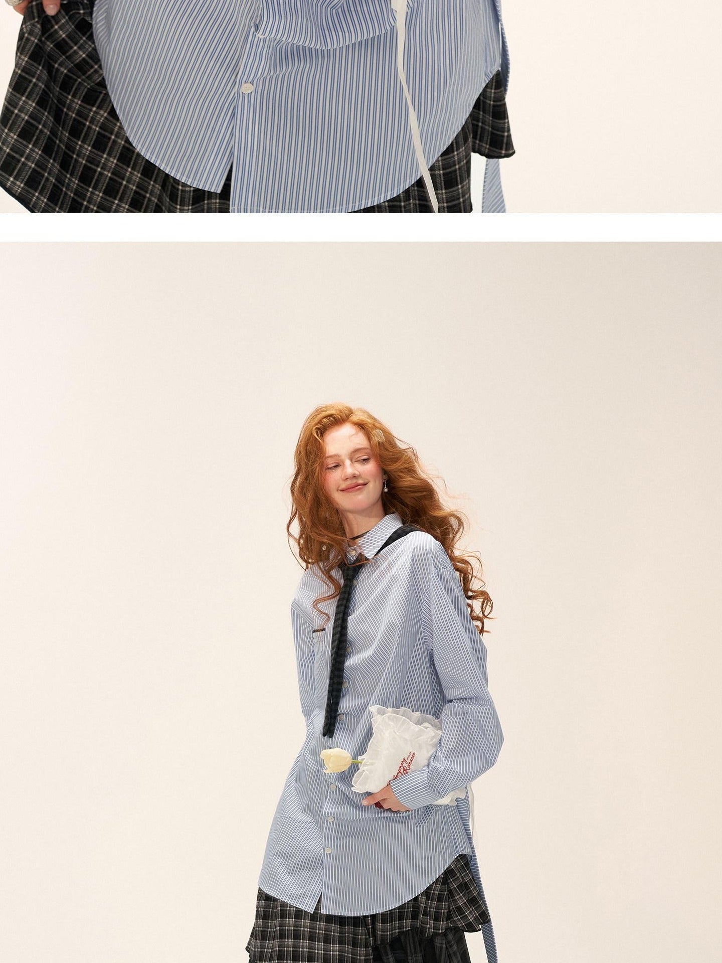 MAMC Cotton Blend Loose Striped Bow Collared Long Sleeve Button Daily Women Shirts