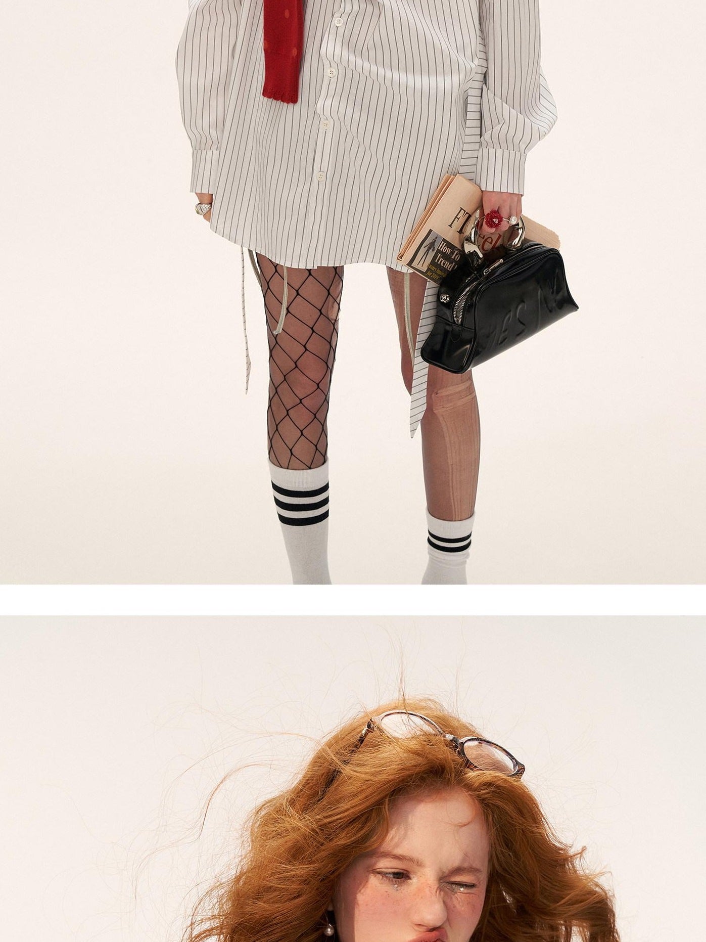 MAMC Cotton Blend Loose Striped Bow Collared Long Sleeve Button Daily Women Shirts