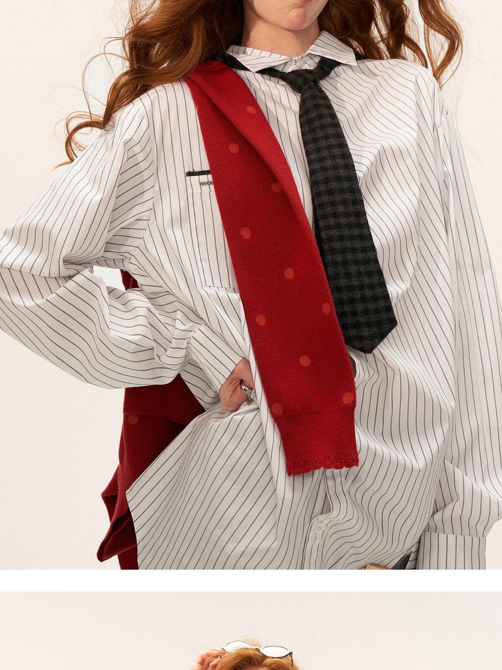 MAMC Cotton Blend Loose Striped Bow Collared Long Sleeve Button Daily Women Shirts