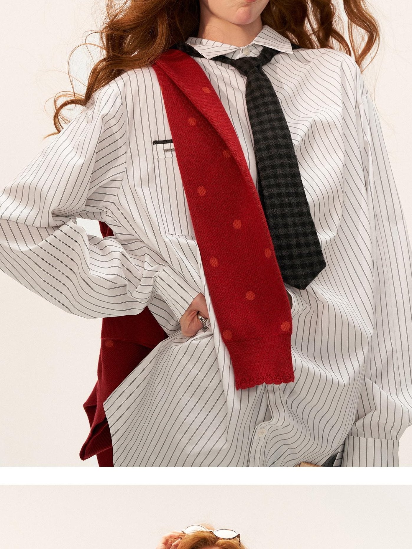 MAMC Cotton Blend Loose Striped Bow Collared Long Sleeve Button Daily Women Shirts