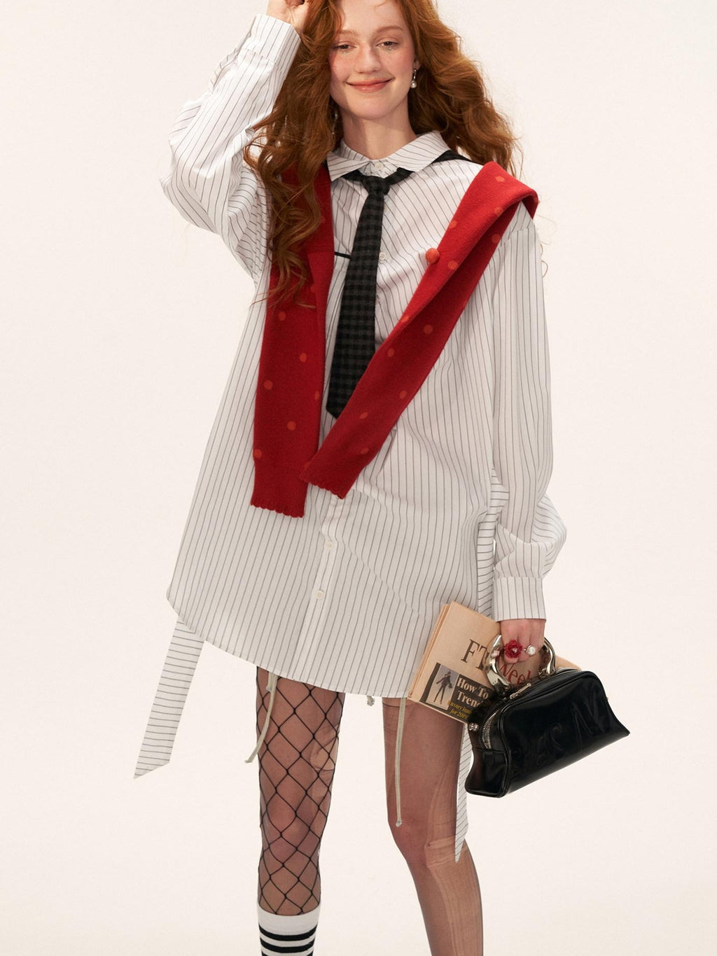 MAMC Cotton Blend Loose Striped Bow Collared Long Sleeve Button Daily Women Shirts