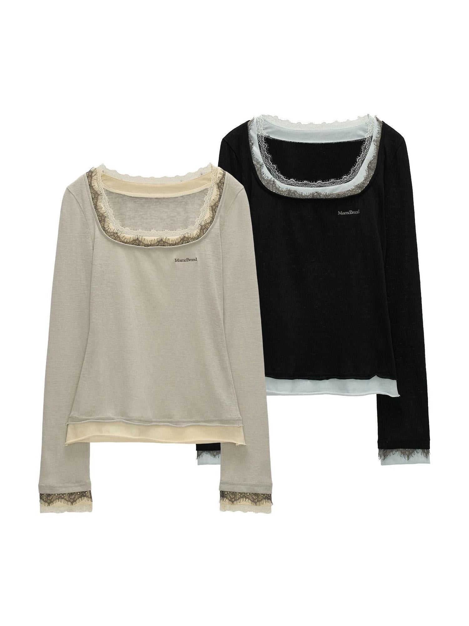 MAMC Cotton Blend Square Neck Slim Fit Faux Layered Women Long Sleeve T-Shirts