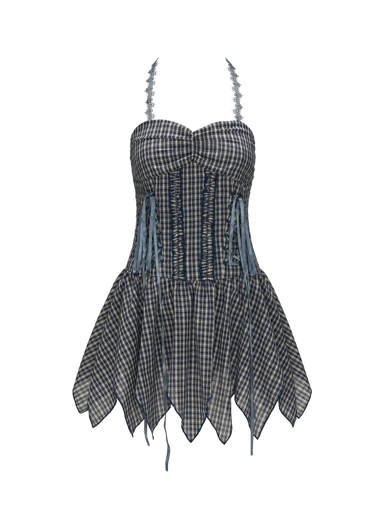 MAMC Cotton Blend Tie Waist Casual Sleeveless Spaghetti Strap Women Blue Mini Dresses