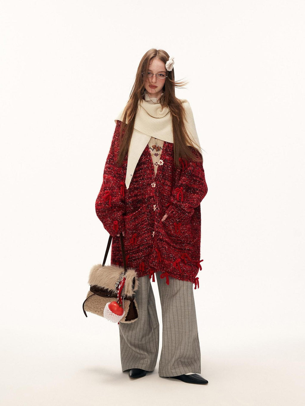 MAMC Cozy Cotton Blend Red Bow Floral Loose Fit Women Button Cardigans