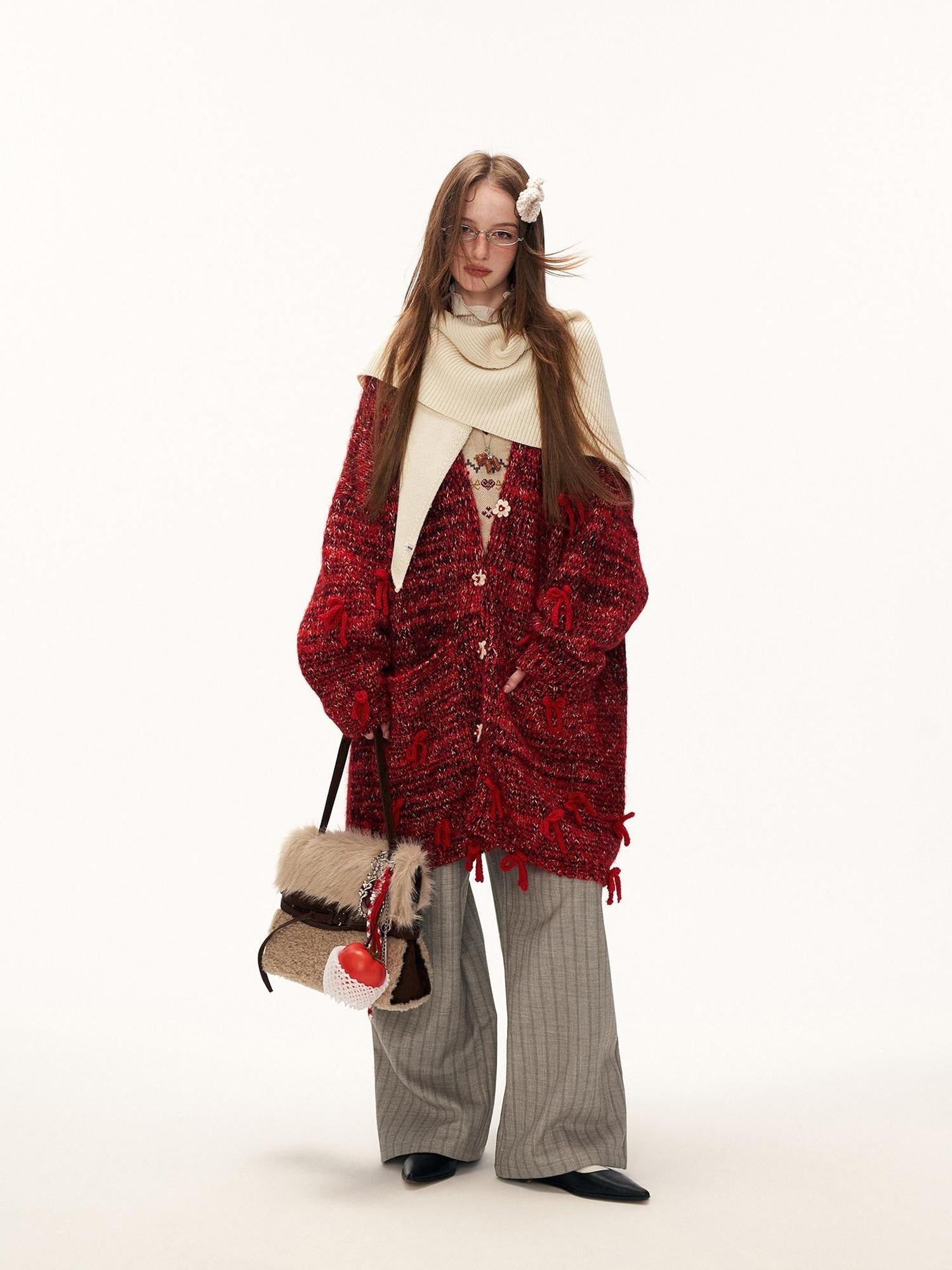 MAMC Cozy Cotton Blend Red Bow Floral Loose Fit Women Button Cardigans