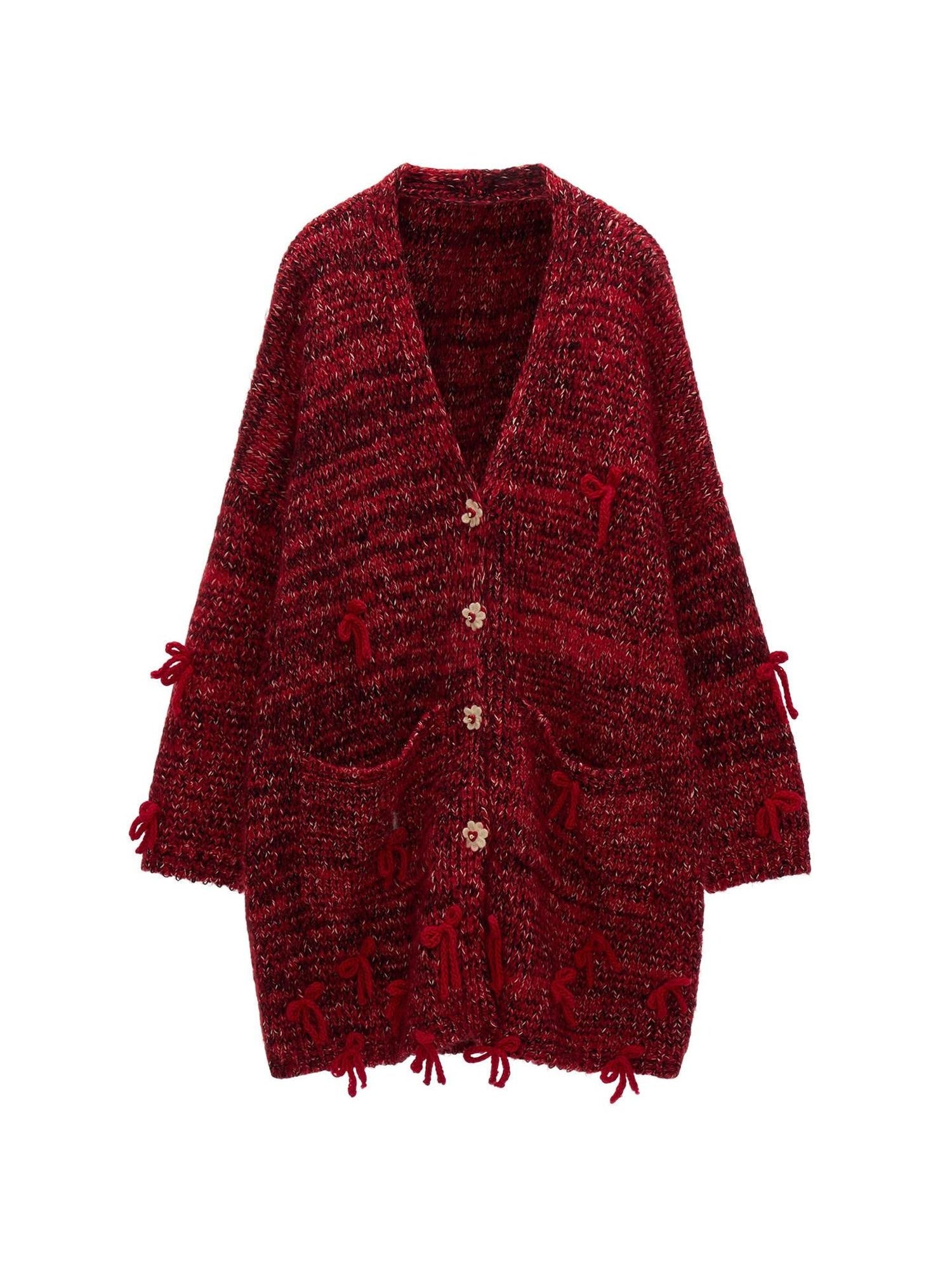 MAMC Cozy Cotton Blend Red Bow Floral Loose Fit Women Button Cardigans