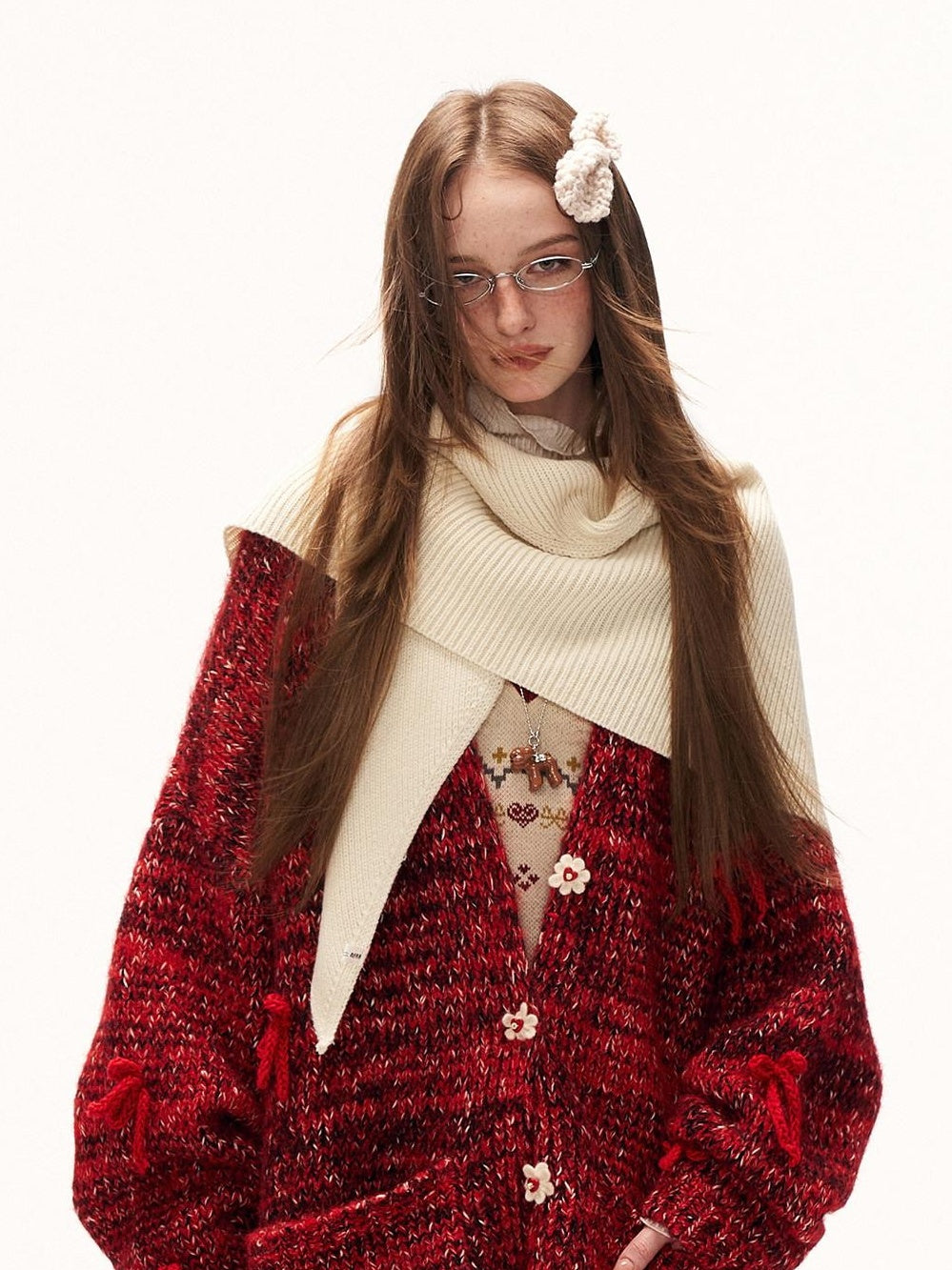 MAMC Cozy Cotton Blend Red Bow Floral Loose Fit Women Button Cardigans
