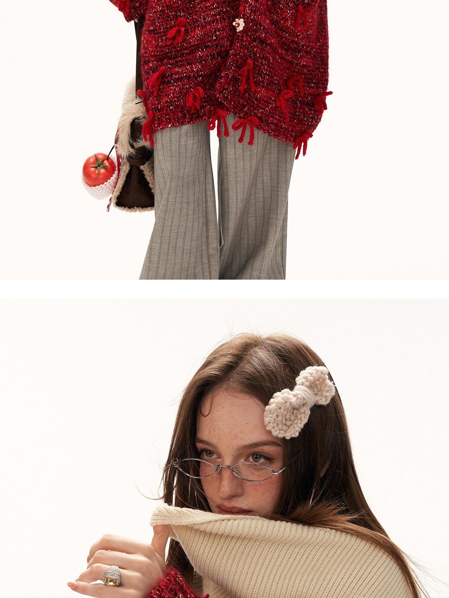 MAMC Cozy Cotton Blend Red Bow Floral Loose Fit Women Button Cardigans