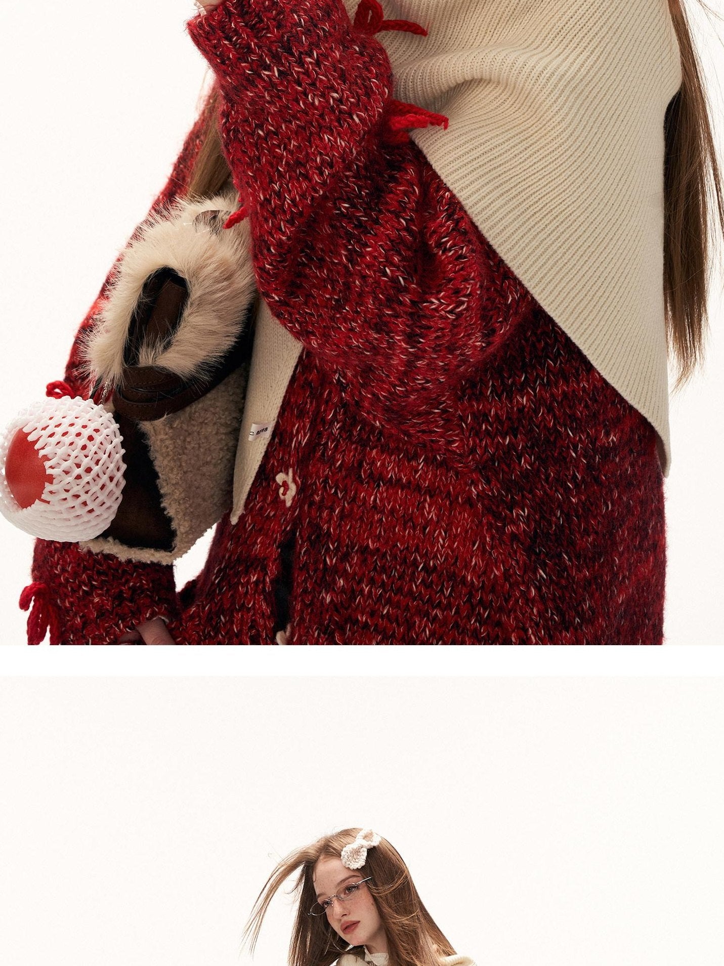 MAMC Cozy Cotton Blend Red Bow Floral Loose Fit Women Button Cardigans