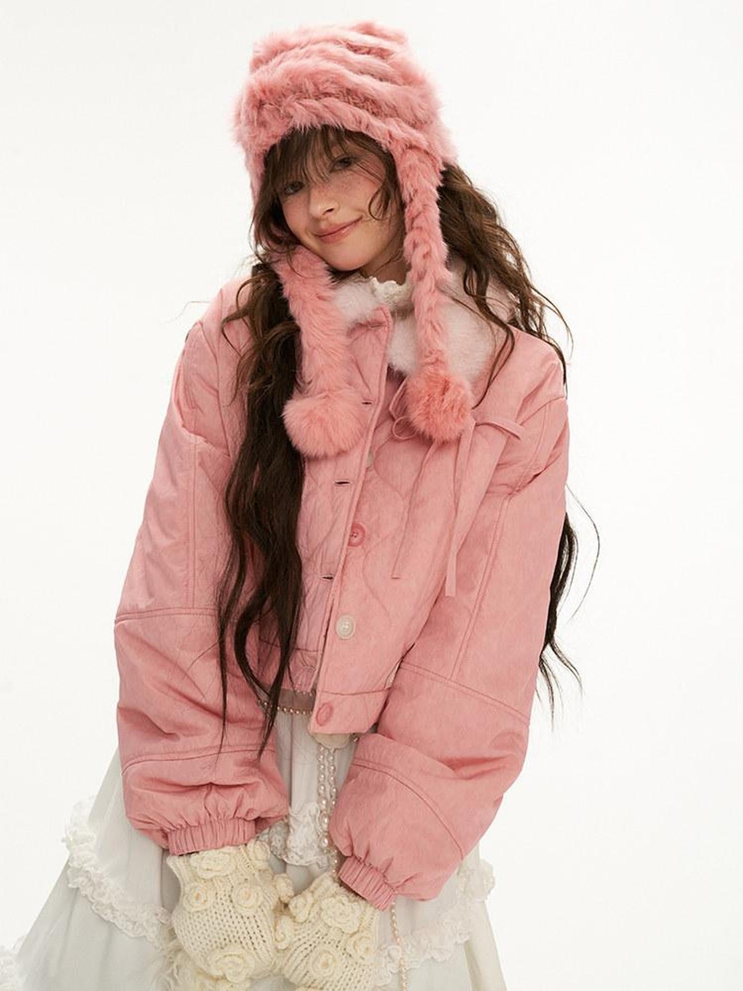 MAMC Cozy Princess Relaxed Fit Cropped Single Button Pink Puffer Jackets