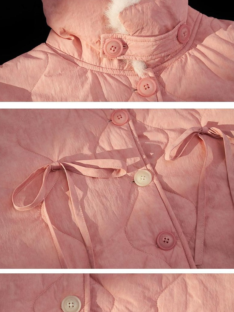 MAMC Cozy Princess Relaxed Fit Cropped Single Button Pink Puffer Jackets