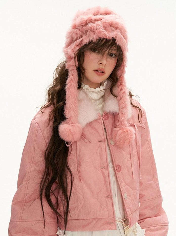 MAMC Cozy Princess Relaxed Fit Cropped Single Button Pink Puffer Jackets